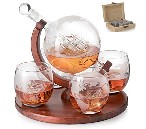 Etched World Decanter whiskey Globe - The Wine Savant Whiskey Gift Set Globe Decanter with Antique Ship, Whiskey Stones and 4 World Map Glasses, Great Gift - Alcohol Related Gift, HOME BAR DECOR