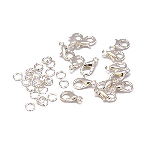 Tiparts Jewelry Findings Kit - 50 pcs Lobster Claw Clasps and 100 pcs Open Jump Rings for Jewelry Making Supplies (Silver, Clasp:12x6mm+Ring:0.7x5mm)