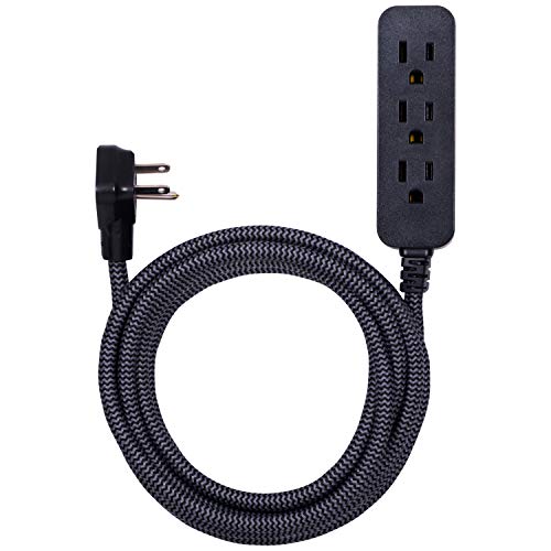 GE Designer Extension Cord with Surge Protection, Braided Power Cord, 15 ft, 3 Grounded Outlets, Flat Plug, Premium, Black/Grey, 44237