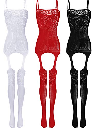 3 Pieces Women's Lace Stockings Lingerie Floral Fishnet Bodysuits Lingerie Nightwear for Romantic Date Wearing (Black, White, Red)