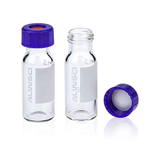 ALWSCI 2ml 9mm HPLC Vial, Clear Autosampler Vial, 1.8ml BorosiliGlass Sample Vial with Graduation, 9-425 Type Screw Threaded Vial, Blue Screw Cap with Hole, White PTFE&Red Silicone Septa, 100 of Pack
