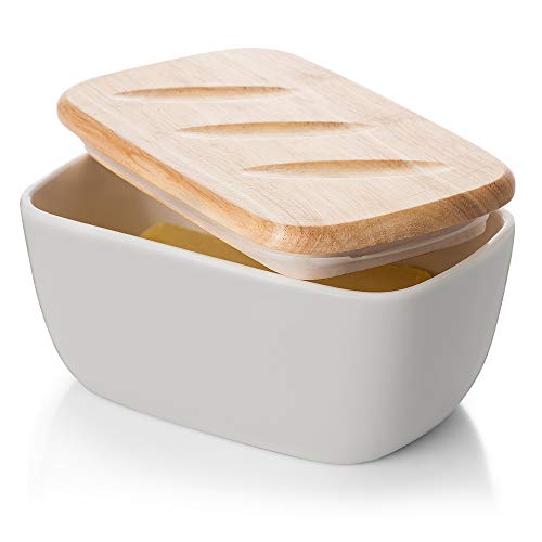 DOWAN Porcelain Butter Dish - Covered Butter Container with Wooden Lid for Countertop, Large Butter Dish with Covers Perfect for East West Coast Butter, Grey