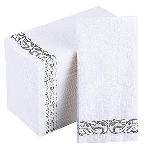 Jolly CHEF Disposable Hand Towels, Soft and Absorbent Line-Feel Dinner Napkin, Elegant Decorative Paper Guest Towels for Kitchen, Bathroom,Weddings,Parties, Silver and White