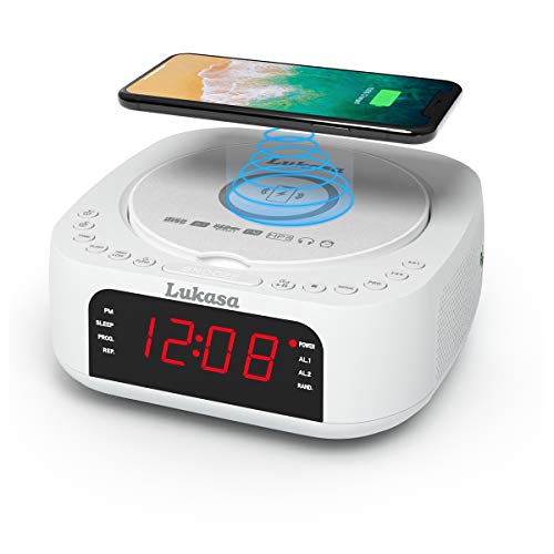 Lukasa Bluetooth CD Player Tabletop Boombox Stereo Clock Wireless Charger,Home Digital FM Radio Dual Alarm Clock Top-Loading Disc Mp3 Players USB AUX Sleep Timer (White)
