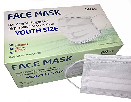 WMS Small Ear Loop Youth Face Masks, Wisconsin Medical Supplies, MADE IN USA, 1 Pack (50 PCs)