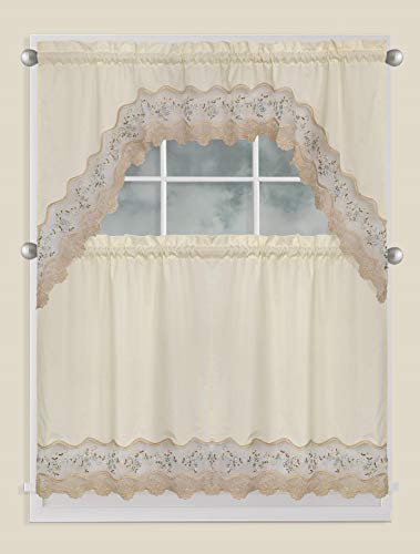 Fancy Collection 3pc Embroidery Floral Kitchen/Cafe Curtain Tier and Valance Set 1092 (Beige/Green)