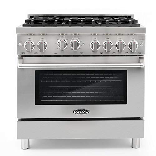 Cosmo GRP366 36 in. Freestanding Gas Range with 6 Sealed Burner Rangetop, Single Convection Oven, Cast Iron Grate Cooktop Wok Attachment, Metal Stove Heat Control Knobs, Stainless Steel