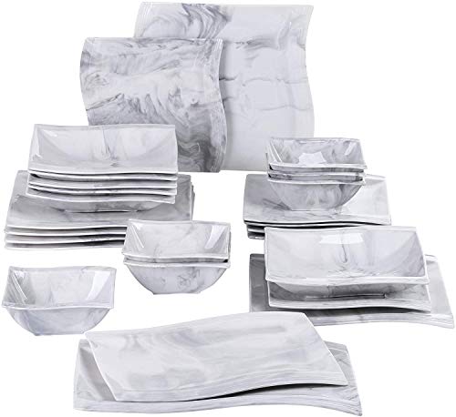 MALACASA Marble Grey Dinnerware Set, 26-Piece Porcelain Square Dinner Sets with 6 Bowls 6 Dinner Plates 6 Dessert Plates 6 Soup Plates and 2 Rectangular Plates, Service for 6, Series Flora