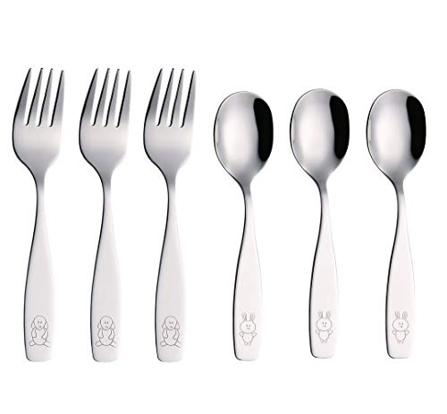 Exzact Kids Silverware 6 Pieces Children's Safe Flatware Set Stainless Steel - 3 x Children Forks, 3 x Children Tablespoons, Toddler Utensils, Metal Cutlery Set for Lunchbox (Engraved Dog Bunny)