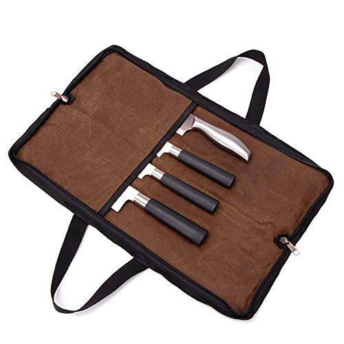 Chef’s Knife Roll Bag, Padded 4 Pockets Knife Storage Case, Professional Kitchen Tools Carrier Holder, Heavy Duty Waxed Canvas Fabric,Great Way To Store And Transport Your Knives Safely (Brown)