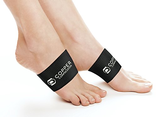 Copper Compression Copper Arch Support - 2 Plantar Fasciitis Braces/Sleeves. Guaranteed Highest Copper Content. Foot Care, Heel Spurs, Feet Pain, Flat Arches (1 Pair Black - One Size Fits All)
