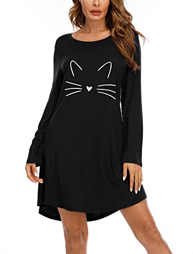 Magritta Womens Sleepshirt Soft Sleepwear Nightgown Comfy Long Sleeve Nightdress Black Cat L