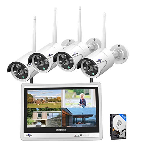[8CH Expandable] Hiseeu All in one with 12' LCD Monitor Wireless Security Camera System, Home Business 8CH 1080P NVR Kit 4pcs 2MP Outdoor Bullet IP Cameras Night Vision Waterproof,3TB Hard Drive
