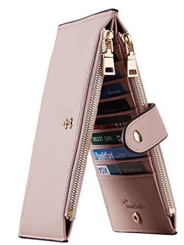 Travelambo Womens Walllet RFID Blocking Bifold Multi Card Case Wallet with Zipper Pocket Genuine Leather (Pink Champagne)