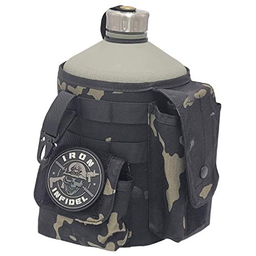 Iron Infidel Battle Bottle - One Gallon Insulated Water Bottle - Cover Made From Mil Spec Cordura, Mag Pouch, Molle, and Utility Clip - Use for Gym, Range, Camping, Hiking, Hunting - Multicam Black