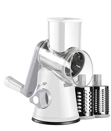 Ancevsk Manual Rotary Cheese Grater - Round Vegetable Slicer with 3 Interchangeable Blades for veggie, Nuts, Fruit （white）