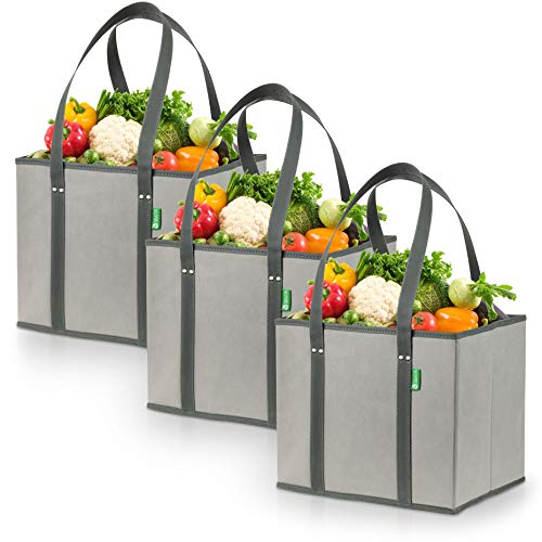 Reusable Grocery Shopping Box Bags (3 Pack - Gray). Large, Premium Quality Heavy Duty Tote Bag Set with Extra Long Handles & Reinforced Bottom. Foldable, Collapsible, Durable and Eco Friendly