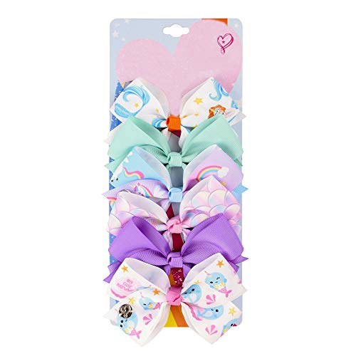 6Pcs Hair Bows Clips for Girls 5 Inches Alligator Clips for Girls Large Bow Unicorn Rainbow Grosgrain Ribbon Hair Barrettes Accessories for Toddler Teens Kids (STYLE-7)