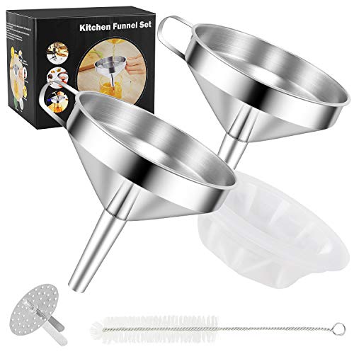 Aimtop Stainless Steel Funnels, 2 Piece Food Grade Stainless Steel Funnels Kitchen Funnel Set with Removable Strainer, Mesh Filter and Cleaning Brush for Transferring Liquid, Powders, Oils, 12/14cm