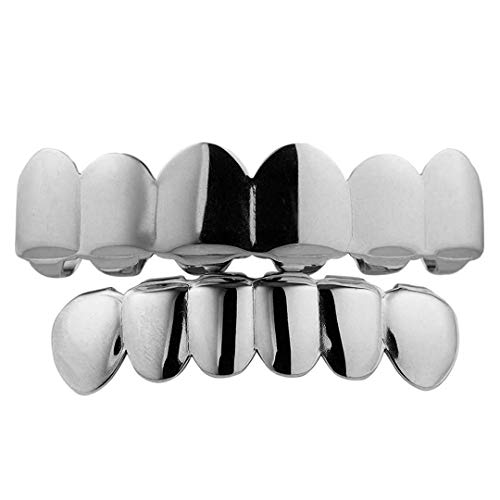 NIV'S BLING | 18k Yellow, Silver, and Rose Gold-Plated Stainless Steel 6 Teeth Grillz | Men and Women Fashion Dental Jewelry Grill | Top, Bottom, Set (White Gold, Top and Bottom Set)