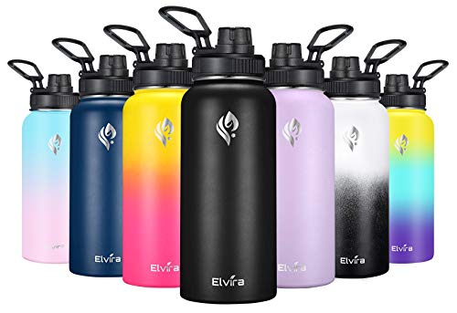 Elvira 32oz Vacuum Insulated Stainless Steel Water Bottle with Straw & Spout Lids, Double Wall Sweat-proof BPA Free Wide Mouth to Keep Beverages Cold For 24 Hrs or Hot For 12 Hrs-Black