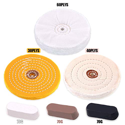 Rustark 6 Piece Polishing Compounds Kit with 3 Assorted Buffing Wheels Including Black Emery, Brown Tripoli, White Diamond, Yellow (30 Ply) Flannel (30 Ply), Cotton (40 Ply) for polishing