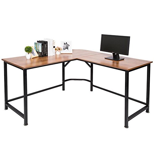TOPSKY L-Shaped Desk Corner Computer Desk 55' x 55' with 24' Deep Workstation Bevel Edge Design (Oak Brown+ Black Leg)