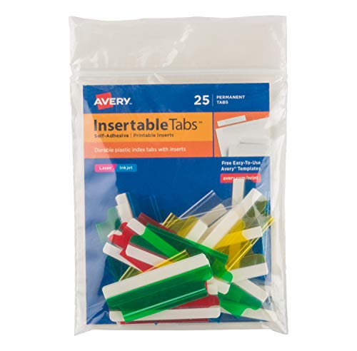 Avery 16239 Insertable Index Tabs with Printable Inserts, Two, Assorted Tab (Pack of 25)