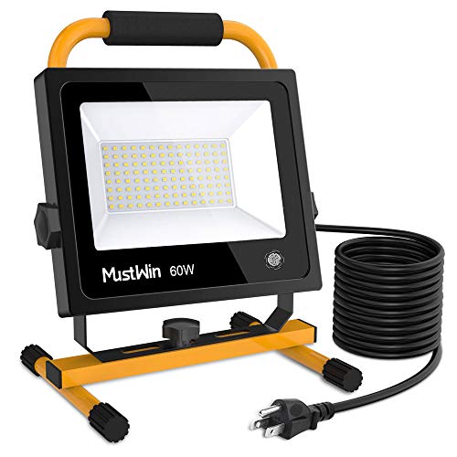 MustWin 60W Portable LED Work Light 6000LM (450W Equivalent) IP65 Waterproof Dimmable Flood Light 112 LEDs Touch Switch Stand 16ft/5M Cord with Plug for Construction Site, Workshop 5000K Daylight Whit