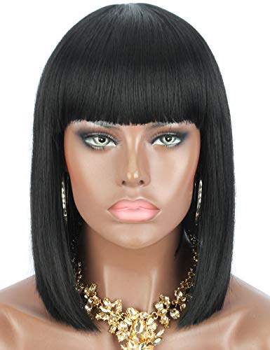 Kalyss Bob Short Hair Wig for Black Women Heat Resistant Yaki Synthetic Hair Women’s Wig With Hair Bangs (Black 1B)