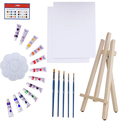 Art Canvas Paint Set Supplies – 22-Piece Canvas Acrylic Painting Kit with Wood Easel, 8x10 inch Canvases, 12 Non Toxic Washable Paints, 5 Brushes, Palette and Color Mixing Guide