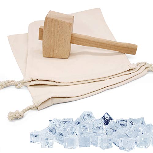 Ice Mallet and 2 Ice Bag Kit, Reusable & Adjustable Cotton Crushed Ice Bag, Hammer for Crushing Ice, Bartender Tool Accessory Set