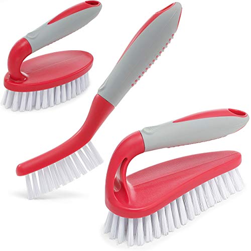 Scrub Brush Set of 3pcs - Cleaning Shover Scrubber with Ergonomic Handle and Durable Bristles - Grout Cleaner Brush - Scrub Brushes for Cleaning shower/bathroom/kitchen/tile/tub/carpet/floor(RED)