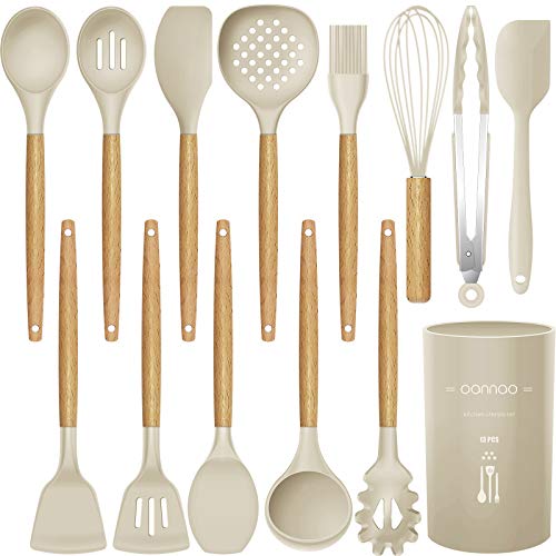 14 Pcs Silicone Cooking Utensils Kitchen Utensil Set, 446°F Heat Resistant,Turner Tongs,Spatula,Spoon,Brush,Whisk. Wooden Handles Khaki Kitchen Gadgets Tools Set for Non-stick Cookware (BPA Free)