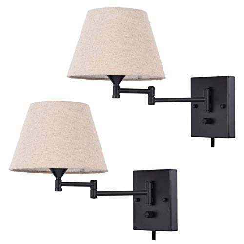 Pauwer Plug in Wall Sconce Set of 2 Swing Arm Wall Lamp with Plug in Cord and Fabric Shade Wall Light Fixtures for Hallway Bedroom Living Room (Beige Shade)