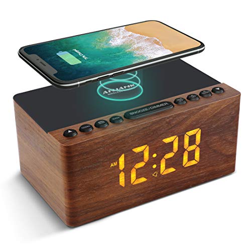 ANJANK Wooden Digital Alarm Clock FM Radio,10W Fast Wireless Charger Station for iPhone/Samsung Galaxy,5 Level Dimmer,USB Charging Port,2 Wake up Sounds,Bedrooms Sleep Timer,Wood LED Clock for Bedside