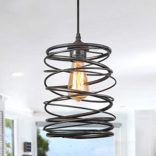 LNC A03292 Pendant Lighting For Kitchen Island，Rustic Farmhouse Brown Rust Cage Hanging Lamp,Black