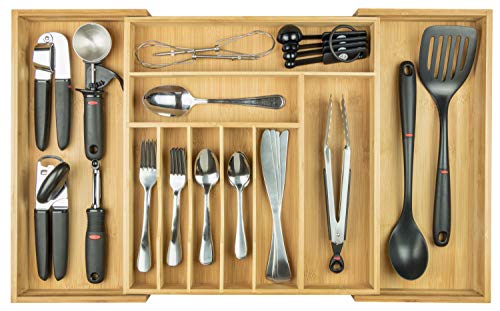 KitchenEdge Premium Silverware, Flatware and Utensil Organizer for Kitchen Drawers, Expandable to 28 Inches Wide, 10 Compartments, 100% Bamboo