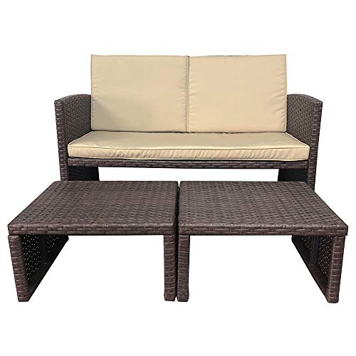 OC Orange-Casual 3 Piece Patio Furniture Set Outdoor Conversation Set All-Weather Wicker Loveseat with Ottoman/Side Table, Brown Rattan, Beige Cushion