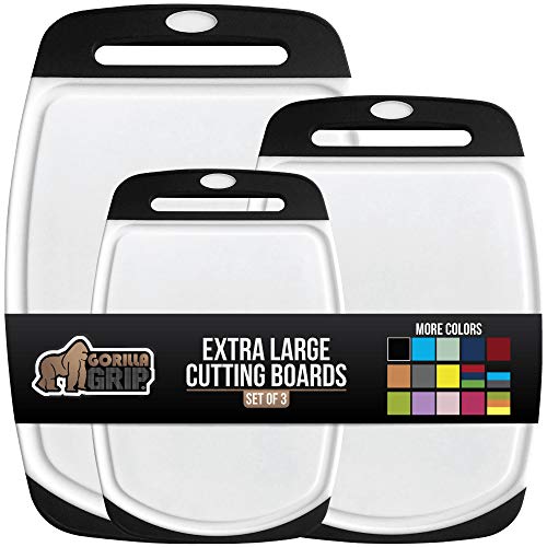 Gorilla Grip Original Oversized Cutting Board, 3 Piece, BPA Free, Dishwasher Safe, Juice Grooves, Larger Thicker Boards, Easy Grip Handle, Non Porous, Extra Large, Kitchen, Set of 3, Black