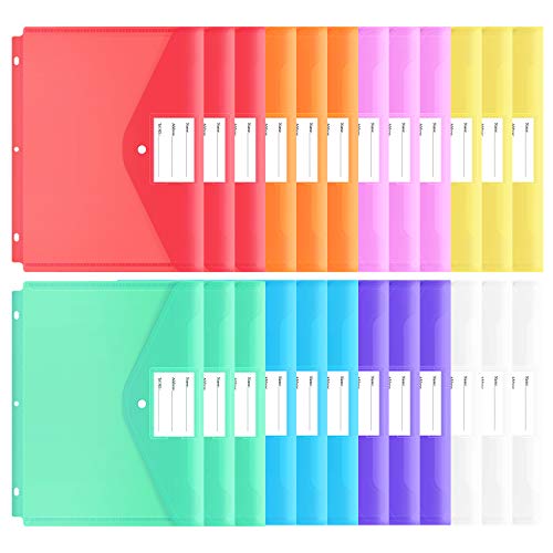 EOOUT 24pcs Binder Pocket, Poly Binder Envelope Folder for 3 Ring Binder, Letter Size/ A4, Snap Button Pouch with Label for School, Home and Office