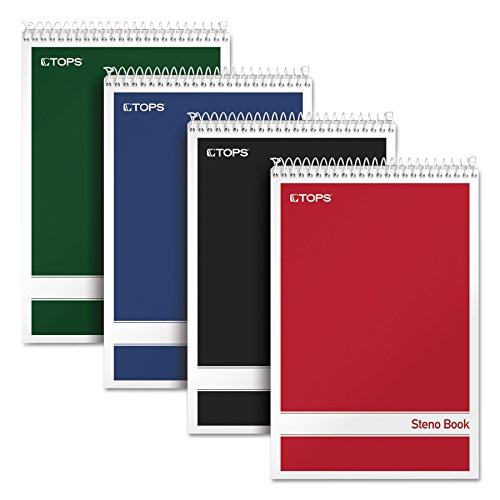 Tops Steno Books, 6' x 9', Gregg Rule, Assorted Color Covers, 80 Sheets, 4 Pack (80220), White
