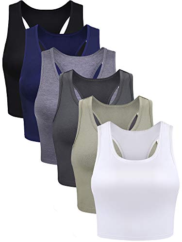 6 Pieces Basic Crop Tank Tops Sleeveless Racerback Crop Sport Cotton Top for Women (Black, White, Dark Grey, Navy, Grey, Olive, Medium)
