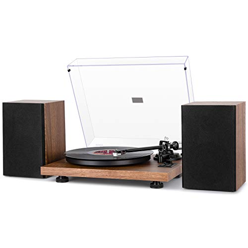 1byone Wireless Turntable HiFi System with 36 Watt Bookshelf Speakers, Patend Designed Vinyl Record Player with Magnetic Cartridge, Wireless Playback & Auto-Off