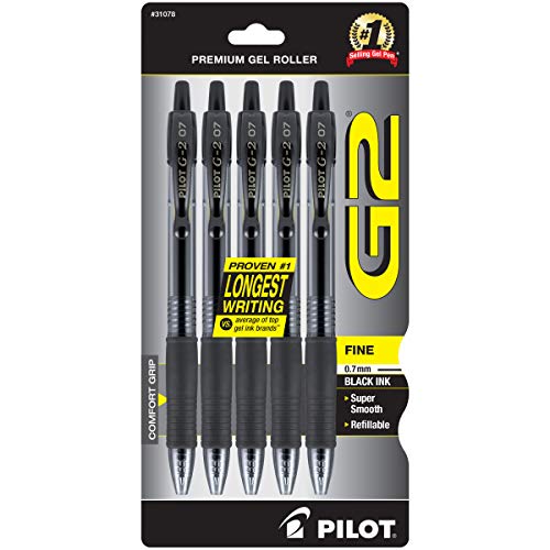 PILOT G2 Premium Refillable & Retractable Rolling Ball Gel Pens, Fine Point, Black Ink, 5-Pack (31078)