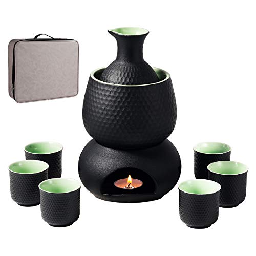 Sake Set and Cups with Warmer Keep Sake Storage Gift Box, Traditional Porcelain Japanese Pottery Hot Saki Drink, 9pcs include 1 Stove 1 Warming Bowl 1 Sake Bottle 6 Cup
