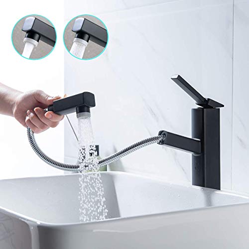 KAIYING Pull Down Bathroom Sink Faucet, Modern Lavatory Vessel Sink Faucet, Utility Single Hole Kitchen Sink Faucet with Pull Out Sprayer, Commercial Basin Mixer Tap, Brass (Tall, Black)