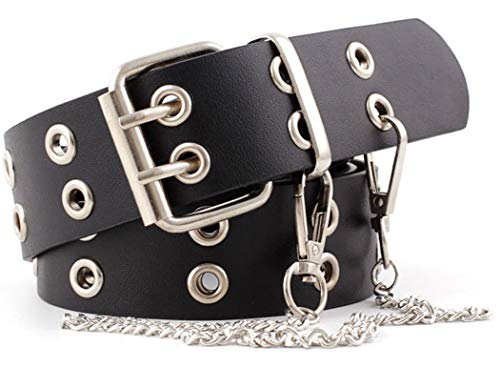 Double-Grommet-Belt Leather Punk-Waist-Belt with Chain for Women Jeans Dresses (Black with Chain)