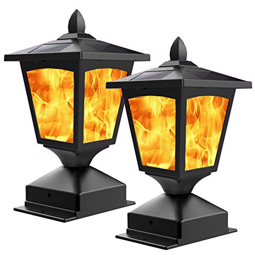 Solar Post Light,Outdoor Post Cap Light Flickering Flame Light for Fence, 4 x 4 LED Waterproof Deck Lamp Post Top Solar Powered Light for Pathway Garden Patio Yard Landscape Decoration, Black (2 pack)