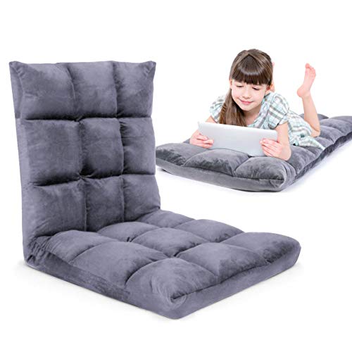 Gaming Floor Sofa Adjustable Chair for Adults & Kids – Comfortable Foam Seat & Removable Lounger Cover – Transformable Folding Sleeper Lounge Features 14 Reclining Positions from Flat to 90°,(Gray)